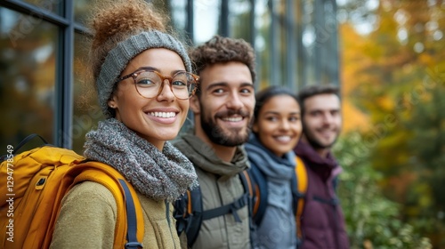 Four friends are enjoying a cheerful moment outdoors, standing close together in a scenic location surrounded by trees and autumn foliage. They wear backpacks and warm clothing