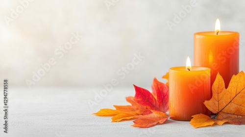 Close-up of a centerpiece with candles and autumn leaves, minimalist and elegant Thanksgiving composition photo