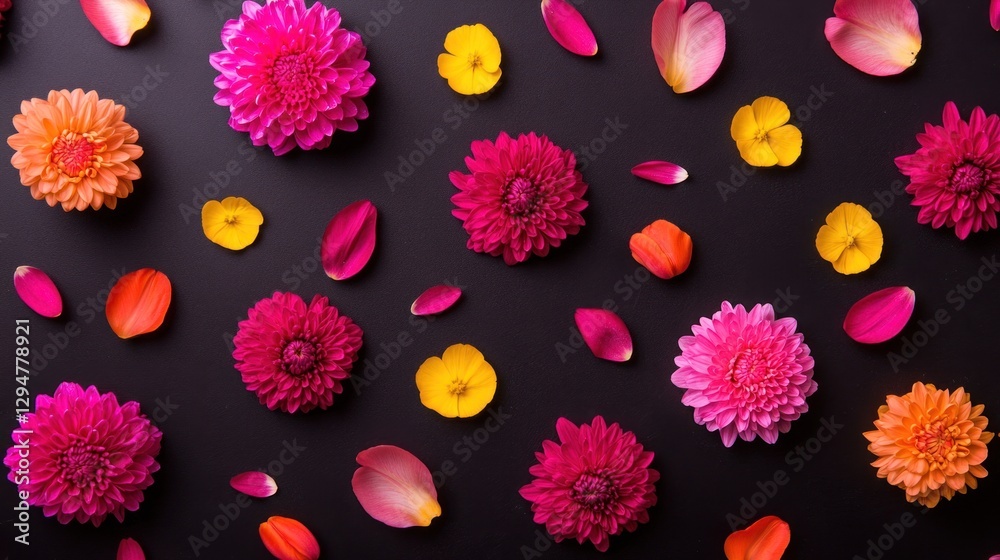 Fototapeta premium Colorful flower petals and blossoms on black background; floral arrangement; aesthetic display; stock photo