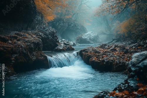 Mystical Autumn River – Tranquil Flow Through Foggy Forest