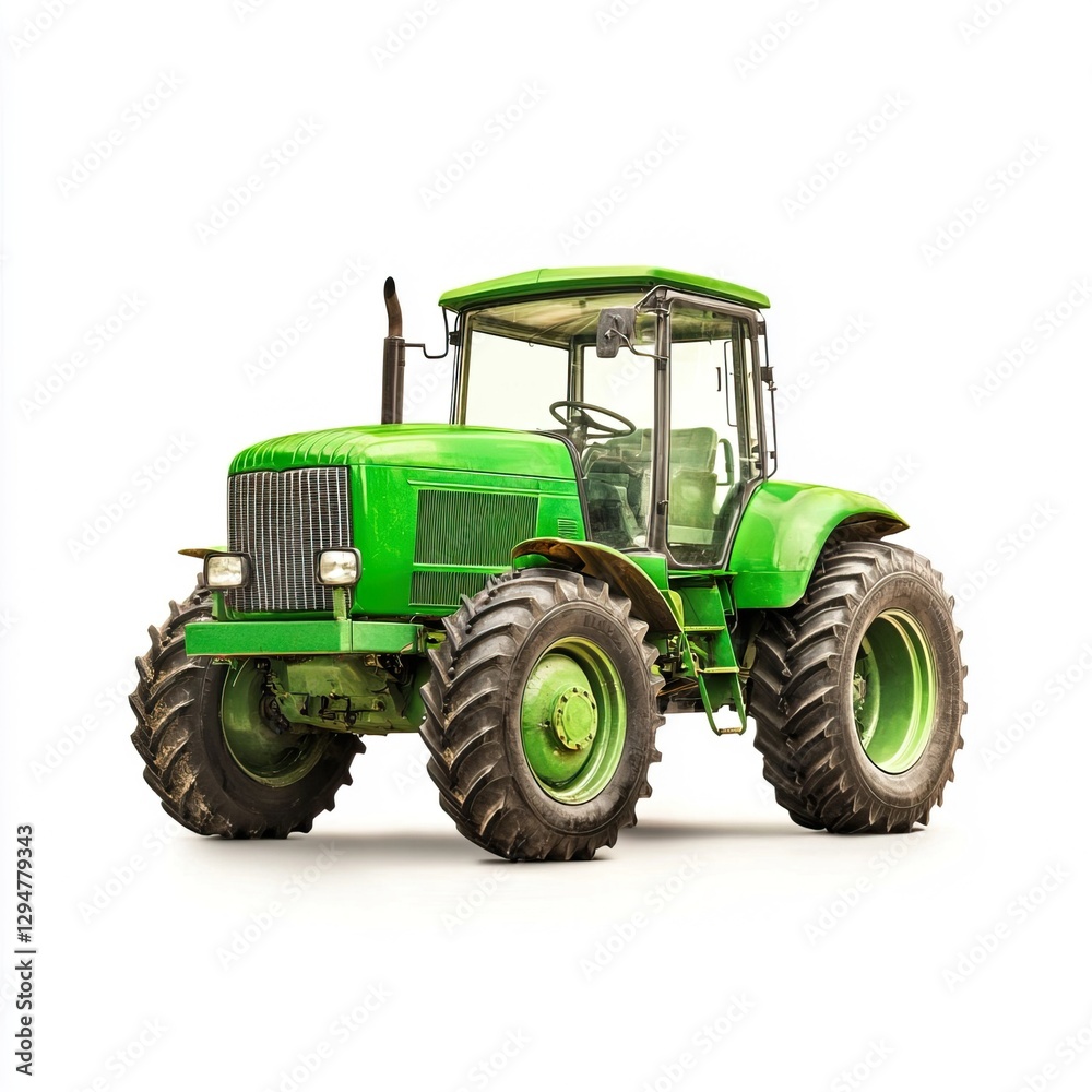 Green Tractor in Agricultural Setting with Battery Operation Features, Agricultural equipment and tools concept. Green Tractor in Agricultural Setting with Battery Operation Features, Agricultural equipment and tools concept.