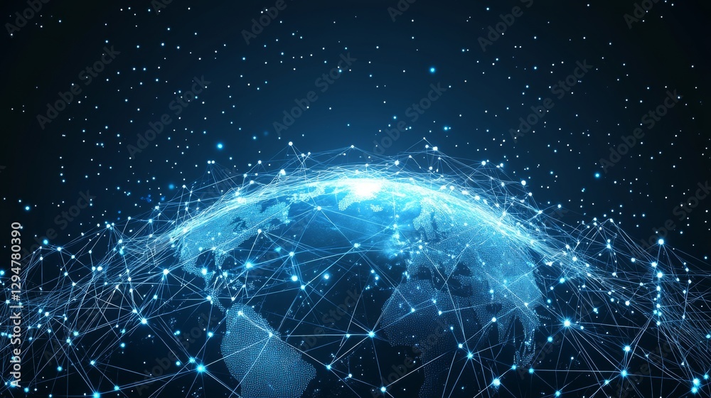 Obraz premium A digital planet with neon technology, featuring glowing light wireframe grid connections, symbolizing global science communication. Ideal for presentation backgrounds