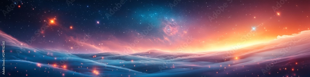 Fototapeta premium Cosmic landscape: Vibrant nebulae illuminate a dreamy, ethereal cloudscape.