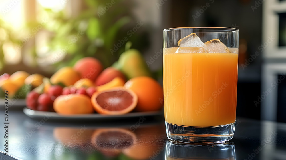 Fresh Orange Juice with Fruits in Kitchen Fresh Orange Juice with Fruits in Kitchen