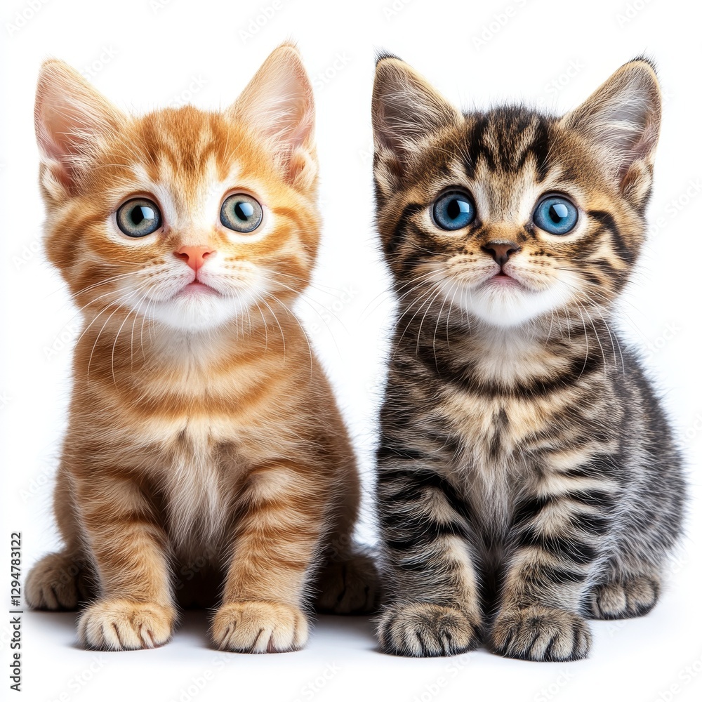 Two adorable little kittens, one black and the other brown-striped, are sitting on a white background