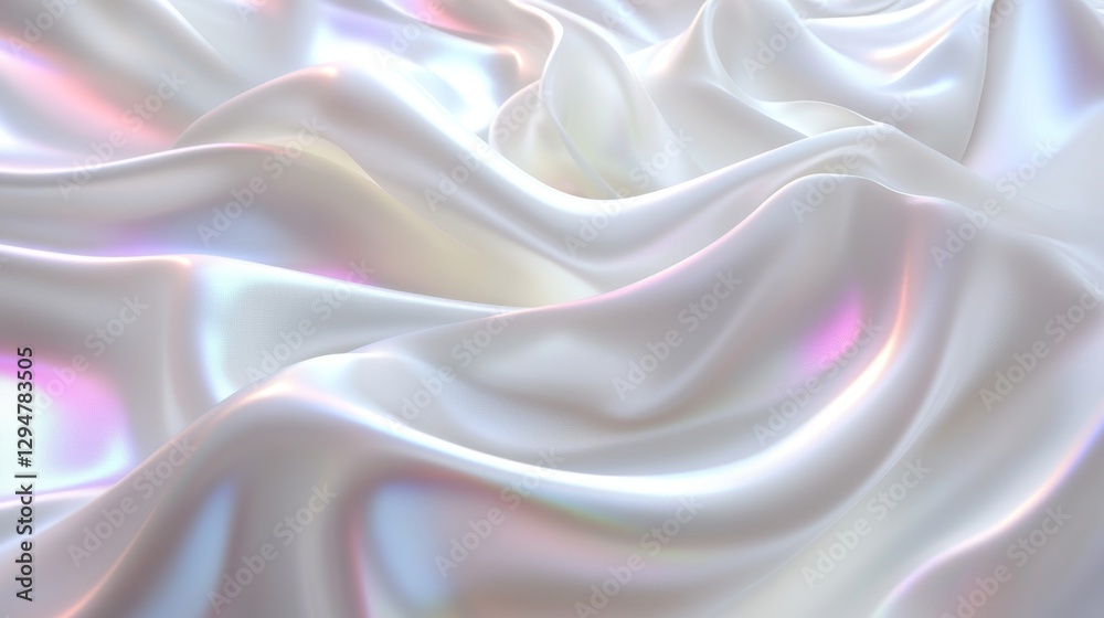 Obraz premium A futuristic banner featuring abstract white silk waves, set against a y2k-inspired background with a holographic soft chrome effect in blue and pink. The pearlescent metal surface creates a retro