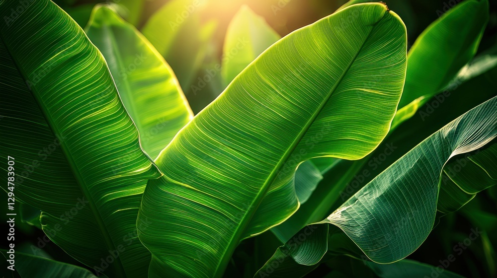 Obraz premium Sunlit Tropical Leaves, Lush Green Foliage, Background Blur, Nature Texture