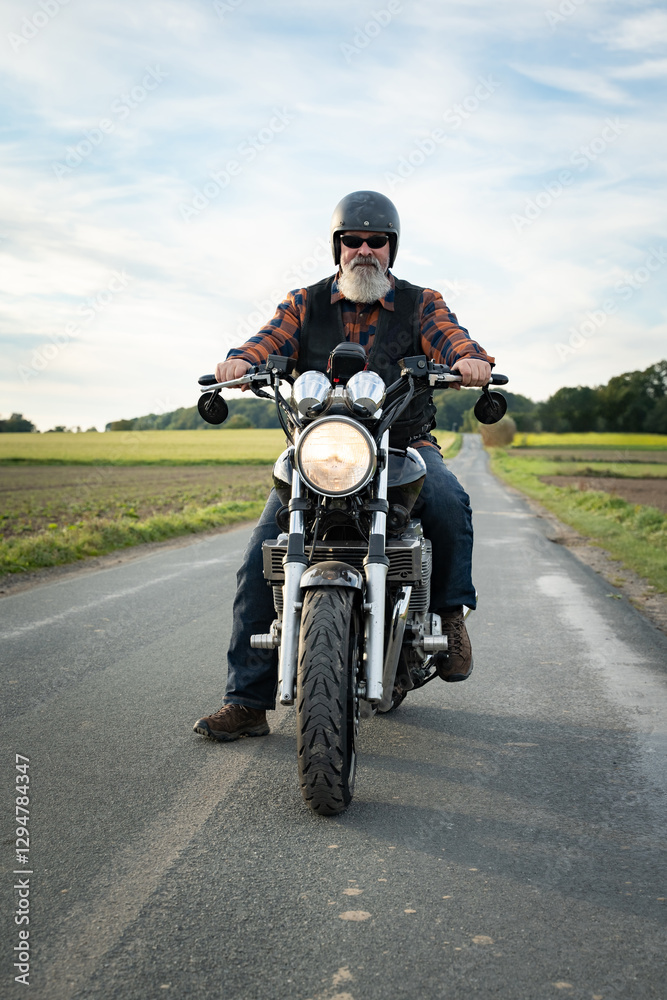 Obraz premium Motorräder - kultiger Biker fährt auf seinem Motorrad eine Landstrasse entlang, labelfrei und retuschiert.