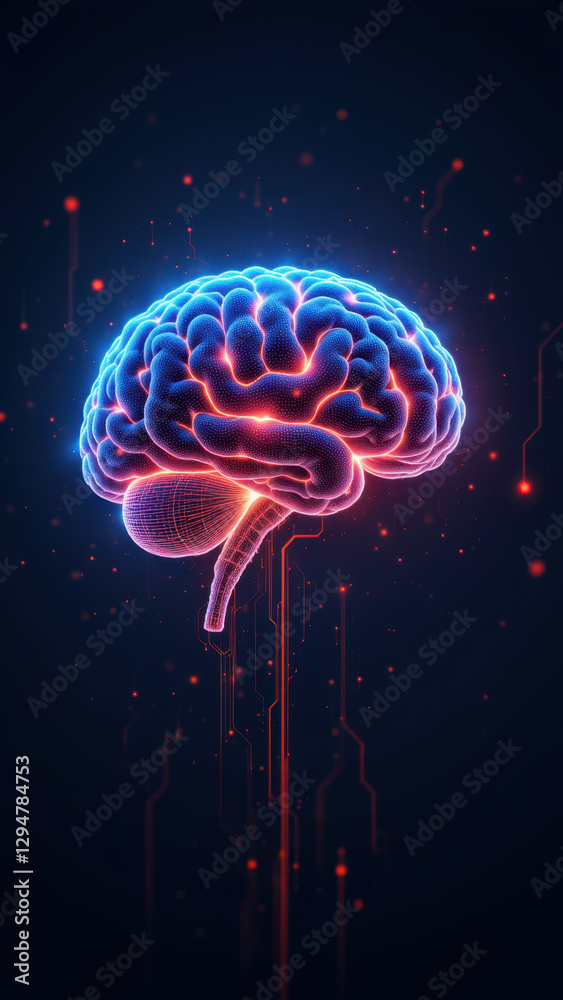 Naklejka premium An artistic representation of artificial general intelligence, showcasing a human-like brain with a glowing interface, set against a cybernetic backdrop.