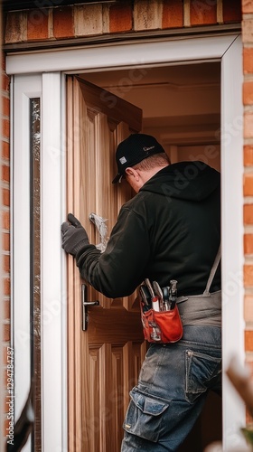 A worker in a beanie and tool belt adjusts a wooden door, ensuring proper installation photo