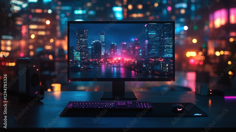 Futuristic Cityscape in Night Time with Desktop Computer Setup Futuristic Cityscape in Night Time with Desktop Computer Setup