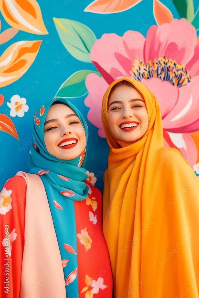 custom made wallpaper toronto digitalTwo young Muslim women smile brightly against a vibrant floral backdrop.