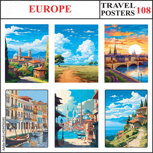 Europe Bergamo Cabaneros National Park Bordeaux Travel Poster Wall Art Print Collection Set Part 108