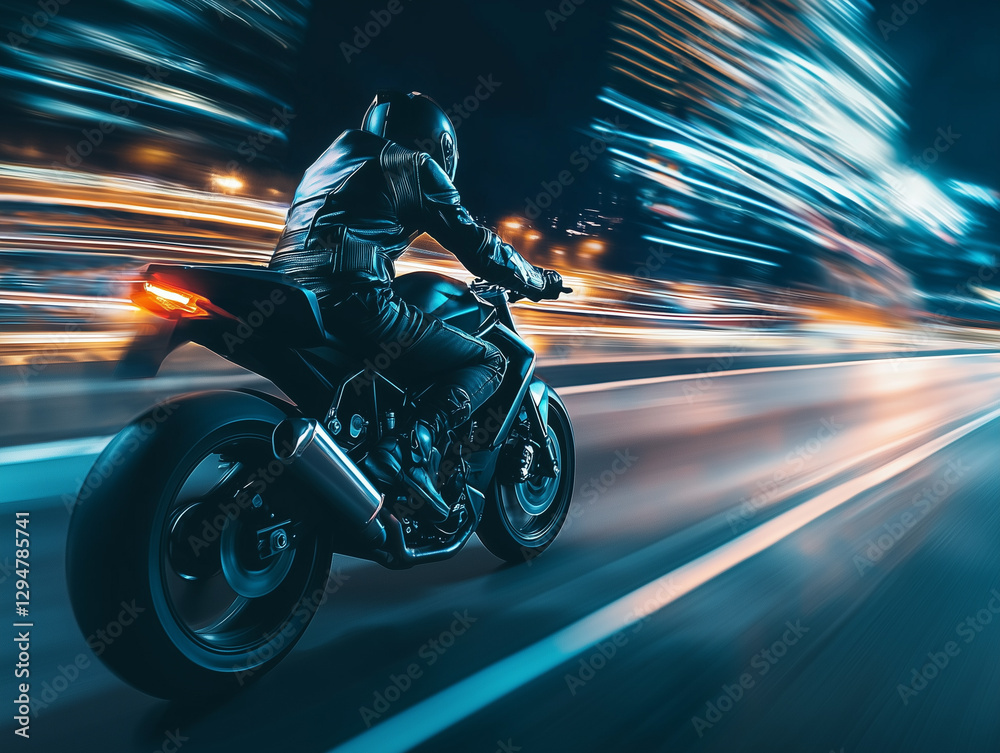 Fototapeta premium A motorcyclist in a leather jacket speeds down a highway at night