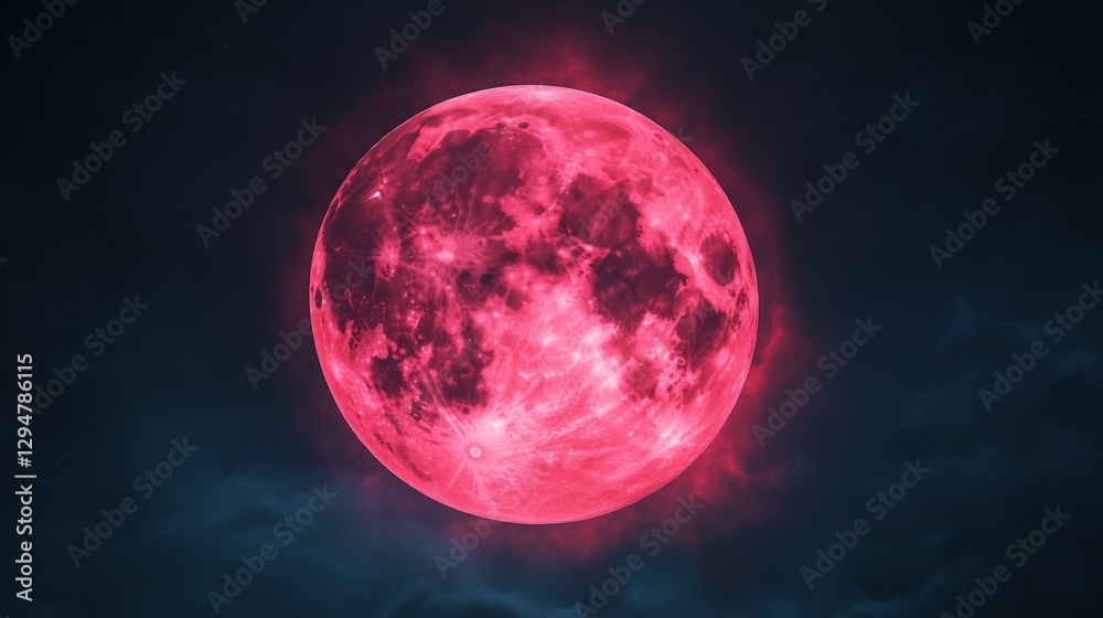Naklejka premium Red moon in the dark sky. Red and white striped teddy bears in a zoo. Full moon in the sky. Crimson moon in lifestyle the night sky.