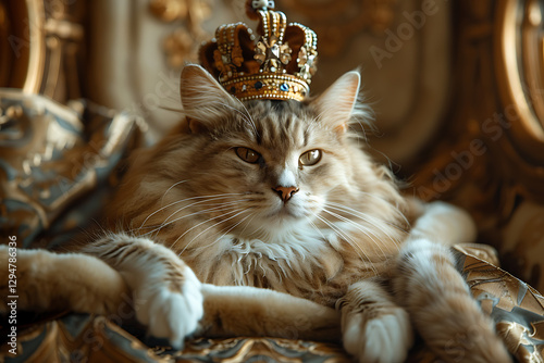 regal russian manx cat, imagine a russian manx cat as a majestic tsar, in a royal crown and robe, inside a classical russian palace the lighting is grand and dramatic, capturing the regal poise and photo