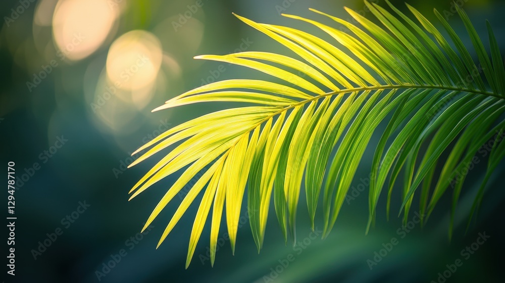 Obraz premium Lush green palm leaf with sunlit bokeh in tropical setting
