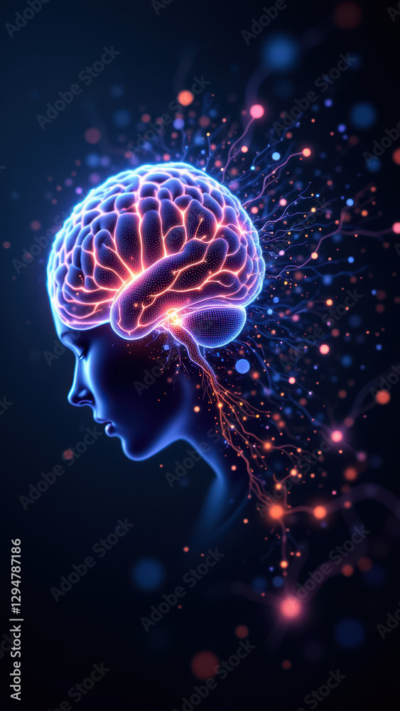 Fototapeta premium A visual metaphor for artificial general intelligence, featuring a human brain with flowing digital elements emerging from its surface, set against a cosmic backdrop.