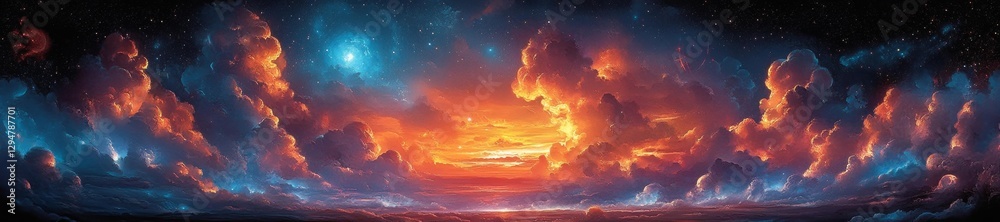 Fototapeta premium A glowing sky filled with swirling clouds and vibrant cosmic colors. Generative AI