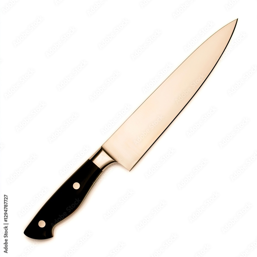 Sharp Kitchen Knife with Black Handle on Neutral Background, Bedroom Accessories Concept. Sharp Kitchen Knife with Black Handle on Neutral Background, Bedroom Accessories Concept.