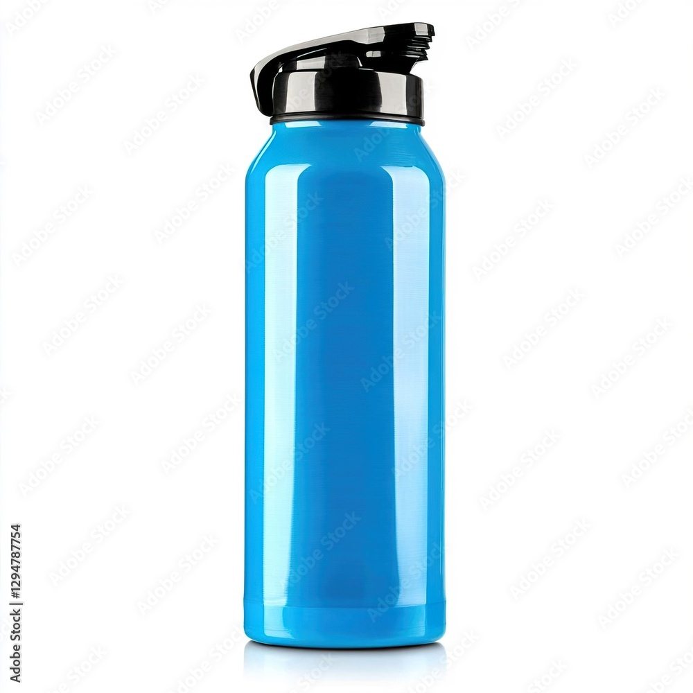 Blue Water Bottle with Black Lid on a White Background, Bedroom Accessories Concept. Blue Water Bottle with Black Lid on a White Background, Bedroom Accessories Concept.