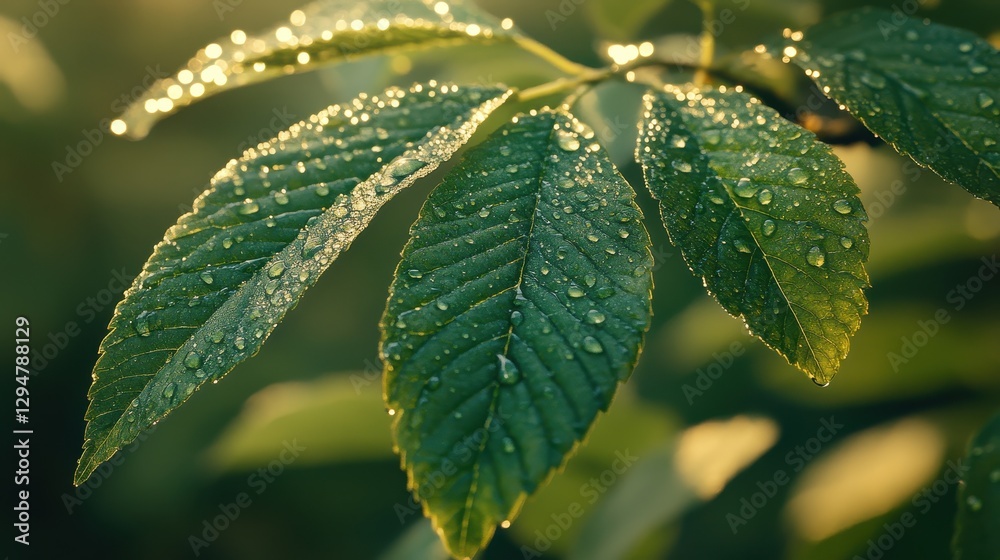 Dew-covered green leaves at sunrise in lush garden setting Dew-covered green leaves at sunrise in lush garden setting