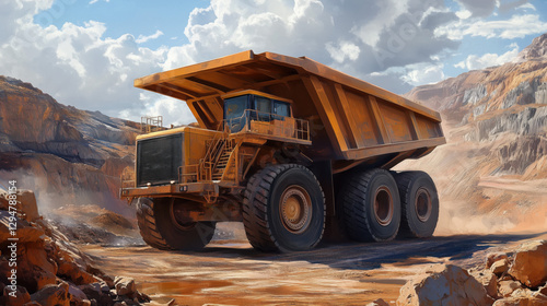 Massive Mining Dump Truck Transporting Heavy Rock Load in Open-Pit Mine – Rear View of Gigantic Industrial Haul Truck on Dusty Terrain