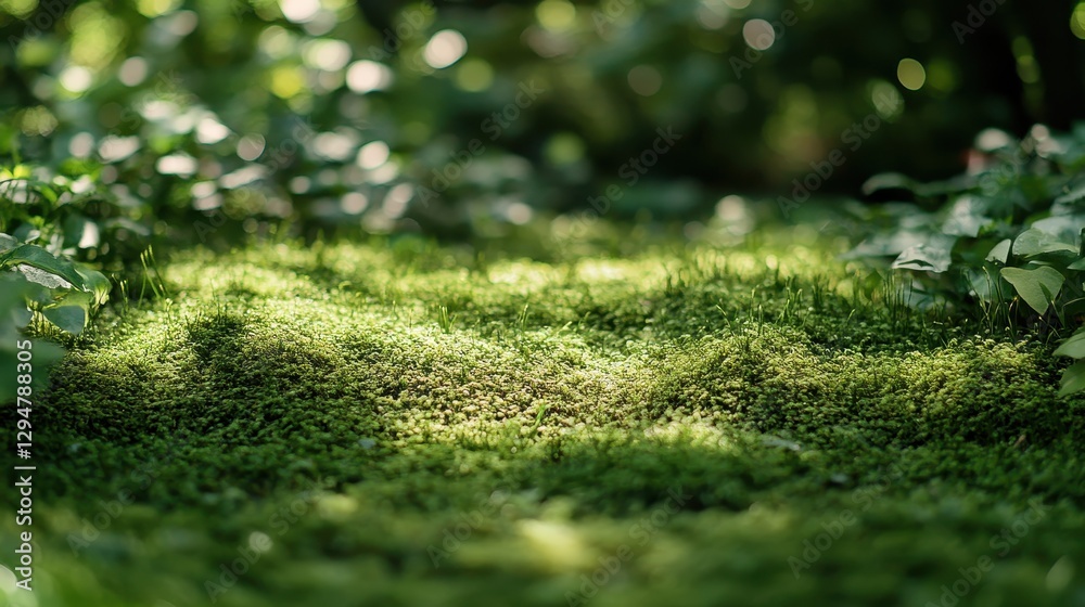 Naklejka premium Lush green moss in sunlit forest underbrush