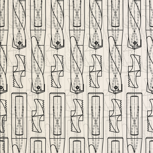Mechanical engineering drawings on sepia background. Drill tools, borer. Technical Design. Cover. Blueprint. Vector illustration. Seamless pattern.