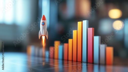 Rocket is flying over a chart. Graph of growth and success in a business. Abstract 3d rendering strategy for development. A rocket is soaring above a lifestyle diagram.