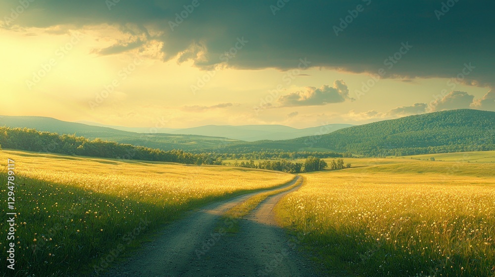 Fototapeta premium Sunset road through summer field, mountains background