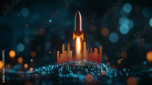 Rocket is flying over a chart. Graph of growth and success in a business. Abstract 3d rendering strategy for development. A rocket is soaring lifestyle above a diagram.