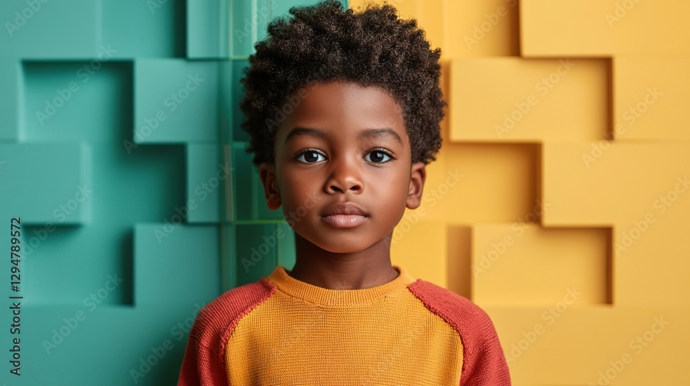 Fototapeta premium Young Boy Portrait with Colorful Backgrounds and Textured Walls, Creativity flows from a boys concept.