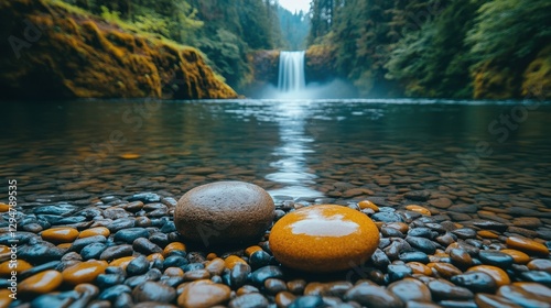 Serene forest waterfall with smooth stones and tranquil pool reflection