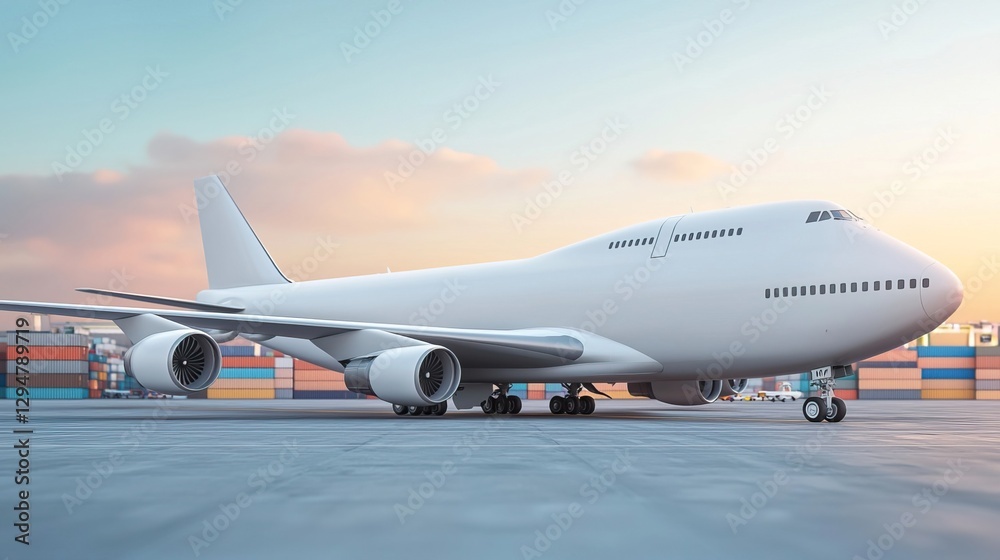 Realistic Large Cargo Plane in Industrial Setting at Sunset, Cargo shipping drives global trade concept. Realistic Large Cargo Plane in Industrial Setting at Sunset, Cargo shipping drives global trade concept.