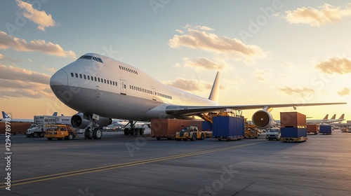 Realistic Airport Cargo Area with Airplane and Cargo Containers, Cargo shipping drives global trade concept.