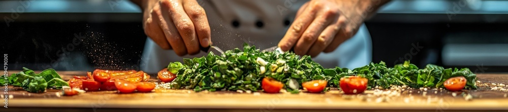 Chef chopping vegetables and greens on a wooden board in the kitchen with vibrant ingredients. Generative AI