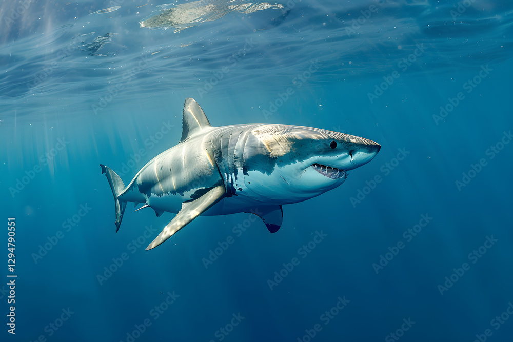 Fototapeta premium Majestic Great White Shark in Clear Blue Ocean Highlighting Its Power and Grace