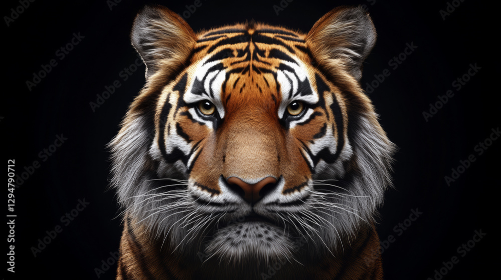 Fototapeta premium Majestic Bengal tiger portrait with intense gaze, sharp details, and distinctive striped fur against a dark background, ideal for wildlife conservation and nature-focused designs.