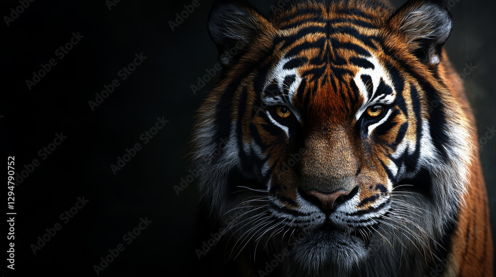 Majestic Bengal tiger portrait with intense gaze, sharp details, and distinctive striped fur against a dark background, ideal for wildlife conservation and nature-focused designs.







