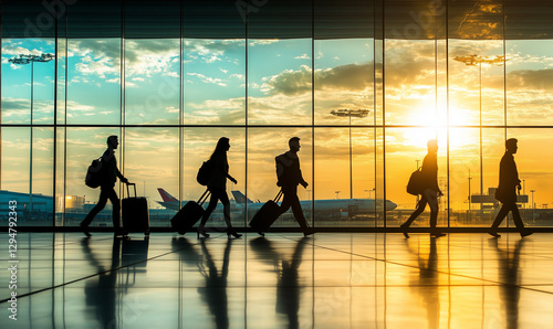 A group of people walks through an airport with luggage
