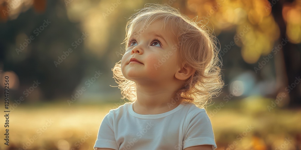 Child gazing up at autumn leaves in a park during the golden hour Child gazing up at autumn leaves in a park during the golden hour