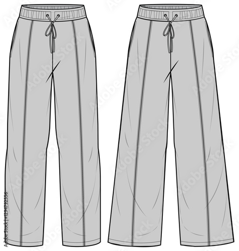 Front Seam in Wide Leg Pant, Front Seam Straight Cut Pant  Fashion Illustration, Vector, CAD, Technical Drawing, Flat Drawing, Template, Mockup.