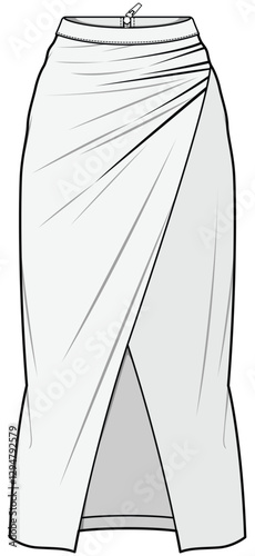 Wrap Side Gathered Front Open Skirt  Fashion Illustration, Vector, CAD, Technical Drawing, Flat Drawing, Template, Mockup.