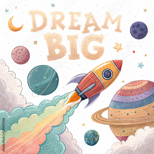 Dream Big - Playful Rocket Ship with Rainbow Smoke, Whimsical Space-Themed Illustration, Generative AI