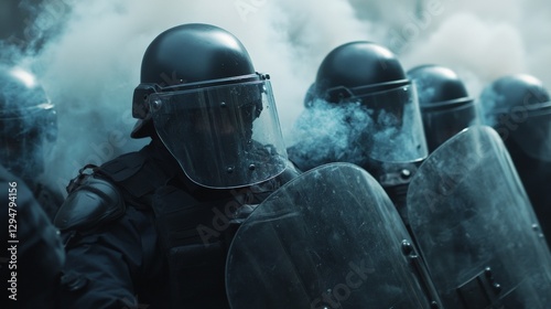 Macro shot of dozens of policeman, wearing black uniforms and a ballistic helmets full face, protecting themselves with shield, smoke bombs are filling up the air