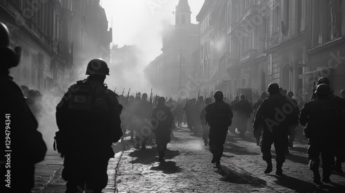 Wallpaper Mural Long Shot with Deep Focus from a Knee Level Shot of a peaceful European city suddenly disrupted by marching soldiers, black and white color palette Torontodigital.ca
