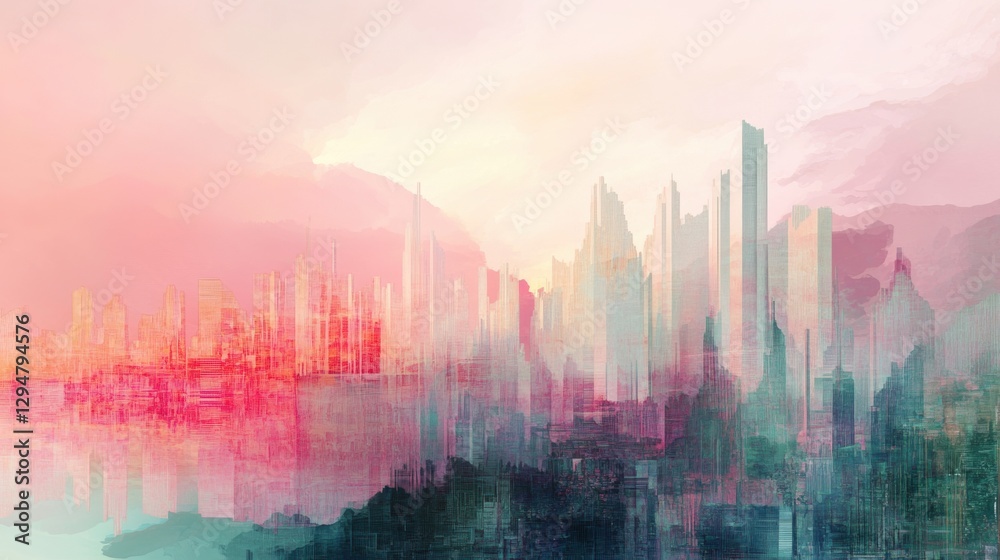 Fototapeta premium Cityscape with a pink and orange sky