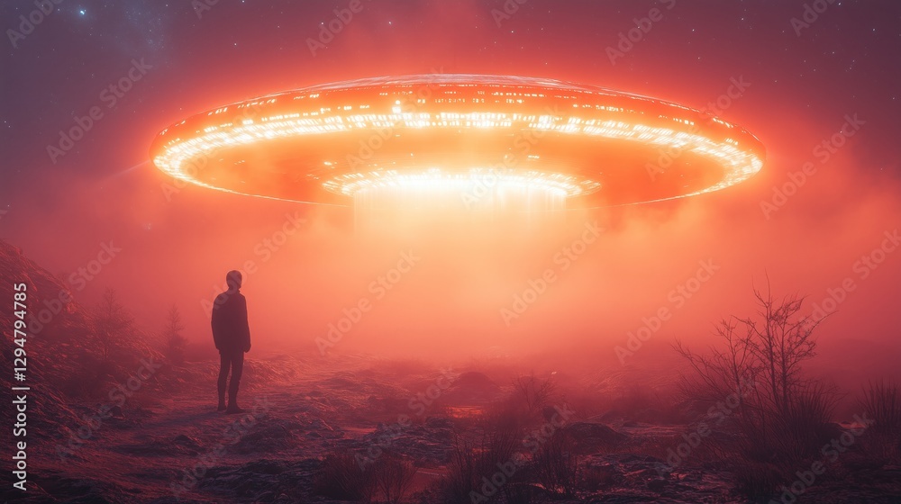 Fototapeta premium A man standing in front of a rainbow colored UFO