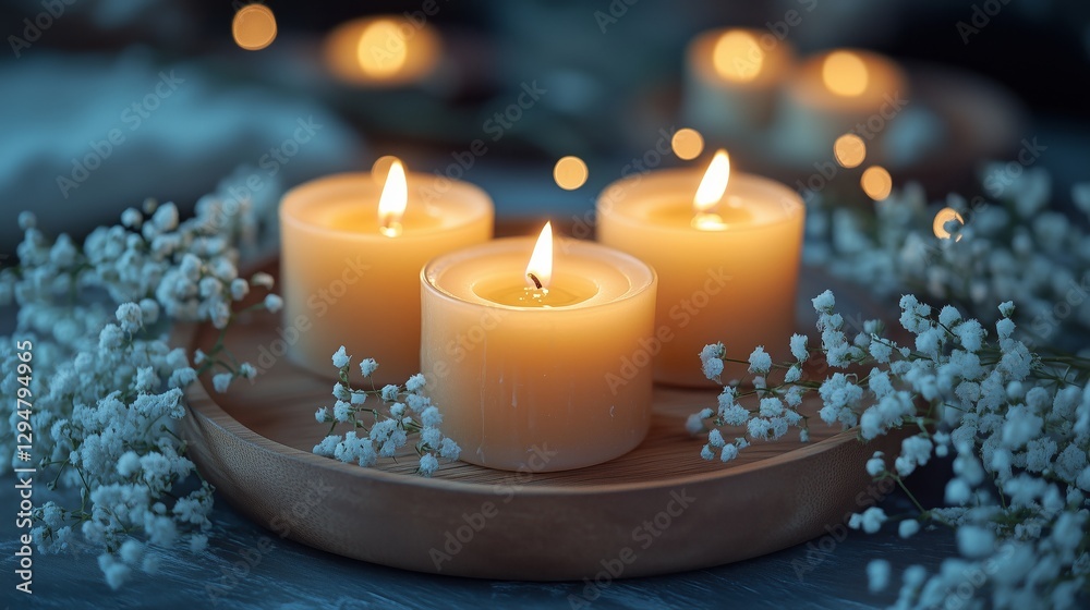Candles, burning candles on wooden plates Candles, burning candles on wooden plates